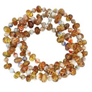 Vintage Czech Pressed Glass Necklace Amber And White Based W Swirls Silver Clasp